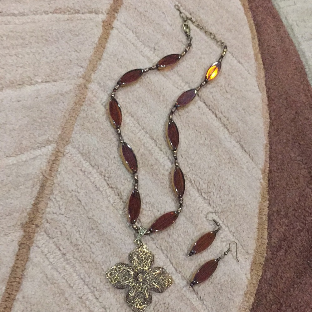 Amber Glass Gold Necklace Pierced Earrings